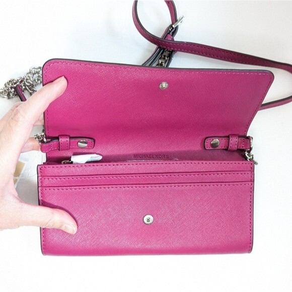 MICHAEL Michael Kors Jet Set Travel Deep Pink Leather Chain Wallet - Picture 9 of 14